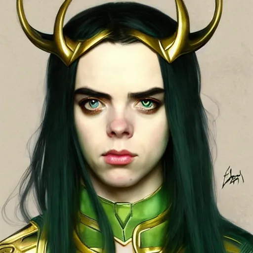 Image similar to Billie Eilish as Female Loki, very detailed, digital art, trending on artstation, concept art, smooth, illustration, art by artgerm and greg rutkowski and alphonse mucha and J. C. Leyendecker and Edmund Blair Leighton and Katsuhiro Otomo and Geof Darrow and Phil hale and Ashley wood