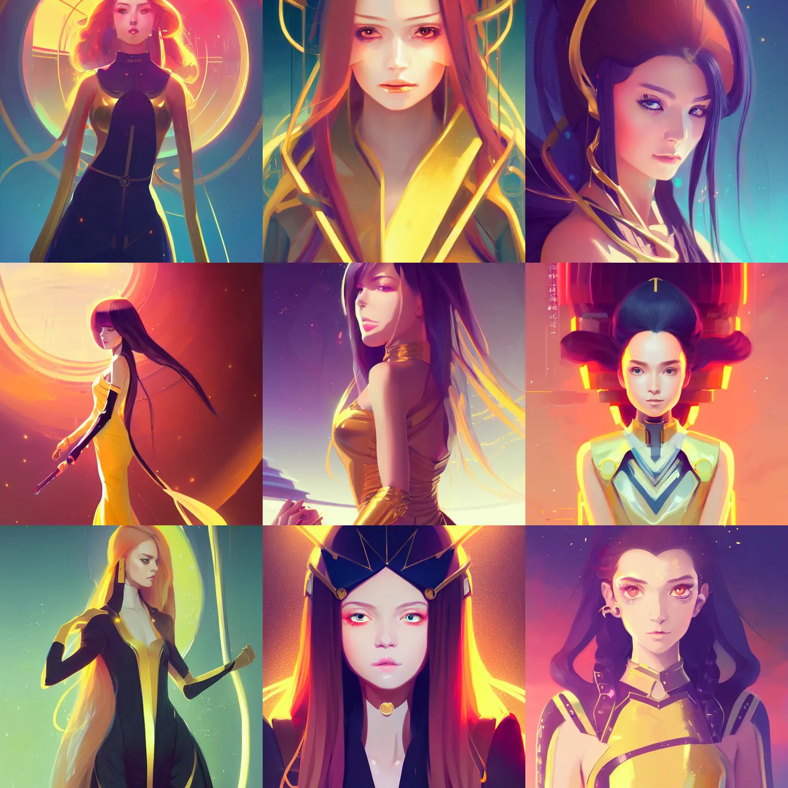 Image similar to portrait girl in futuristic luxurious golden dress holding a ceremonial sword, long curvy hair, colourful palette, pretty face, cute face, symmetrical face, intimidating expression, red eyes, anime by greg rutkowski rossdraws makoto shinkai, adobe illustrator, trending on pixiv, behance