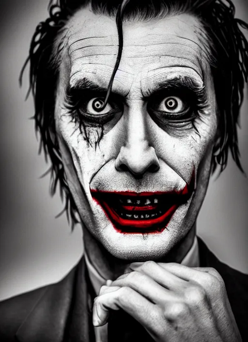 Image similar to photo of David Tennant as the Joker by Lee Jeffries and Eolo Perfido, big smile, head shot, detailed, award winning, Sony a7R, trending on artstation