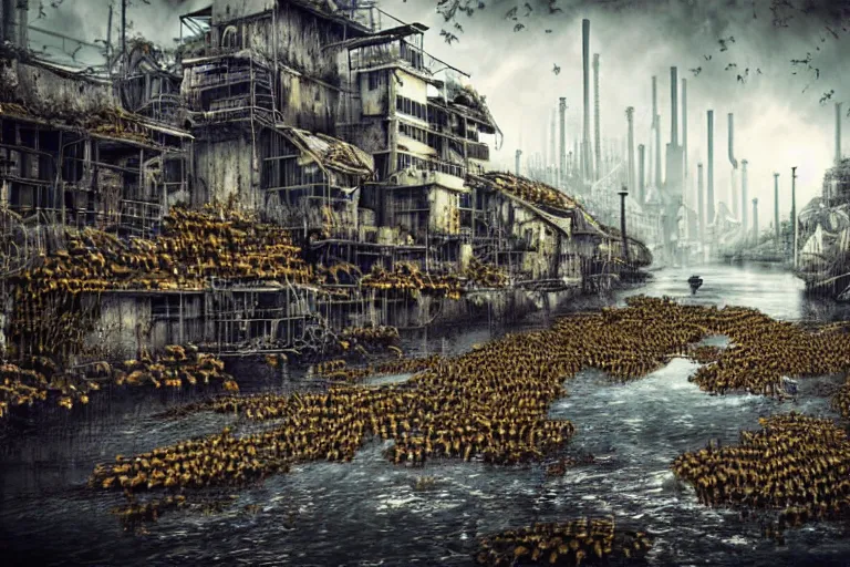 Image similar to elegance, gothic river favela honeybee hive, urban environment, industrial factory, apocalyptic, somber, award winning art, epic dreamlike fantasy landscape, ultra realistic,