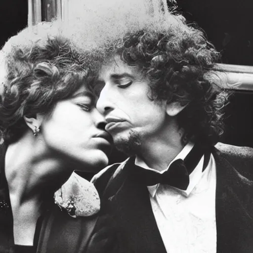 Image similar to bob dylan kissing the queen of england, photograph, high detail