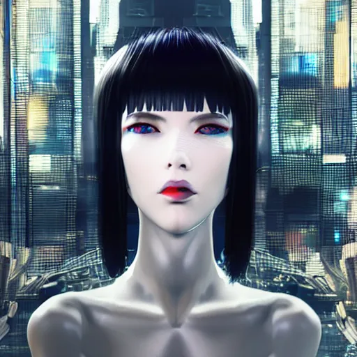 Image similar to ghost in the shell inspired avant - garde art, deco fashion, highly detailed, photorealistic portrait, bright studio setting, studio lighting, crisp quality and light reflections, unreal engine 5 quality render