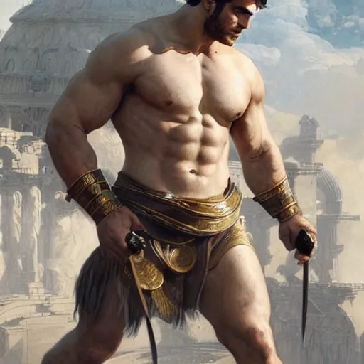 Image similar to henry cavill as a greek gladiator, gorgeous, amazing, muscular, intricate, highly detailed, digital painting, artstation, concept art, sharp focus, illustration, art by greg rutkowski and alphonse mucha