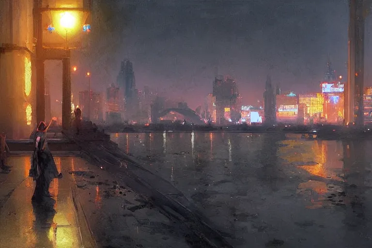 Prompt: Kyiv on Dnieper river, neon lighting, night city, digital art from artstation by Ruan Jia and Mandy Jurgens and Artgerm and william-adolphe bouguereau and Greg Rutkowski and Wayne Barlowe