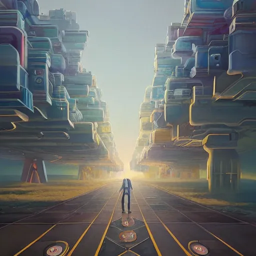 Image similar to a painting of a person standing on a road, concept art by chris labrooy, cgsociety, retrofuturism, sci - fi, concept art, futuristic