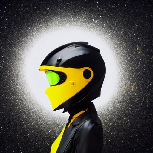 Image similar to black suit catgirl yellow motorcycle helmet, floating through galaxy, celty sturluson