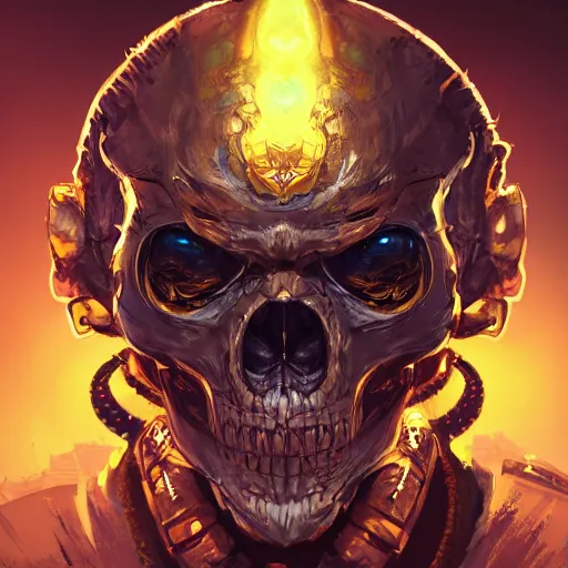 Prompt: a golden skull face monkey warrior with a black diamond in his forehead, Apex Legends character, digital illustration portrait design, by android jones and greg rutkowski, retrowave color scheme, detailed, cinematic lighting, wide angle action dynamic portrait