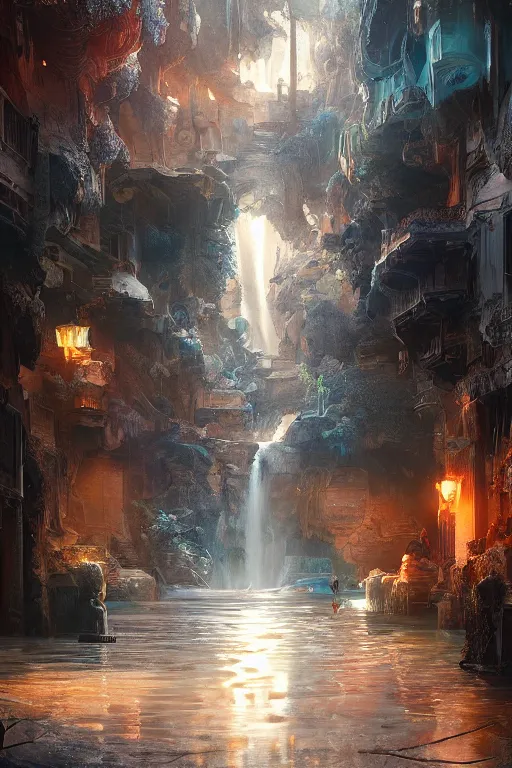 Image similar to inside the antique street of atlantis the city of water, waterfall, intricate, elegant, volumetric lighting, digital painting, highly detailed, artstation, sharp focus, illustration, concept art, ruan jia, steve mccurry