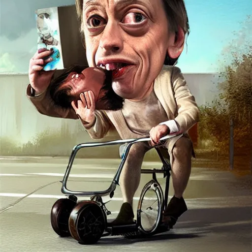 Image similar to hyper realistic absurd, silly, making faces, steve buscemi riding a tiny tricycle, painted by greg rutkowski, wlop, artgerm