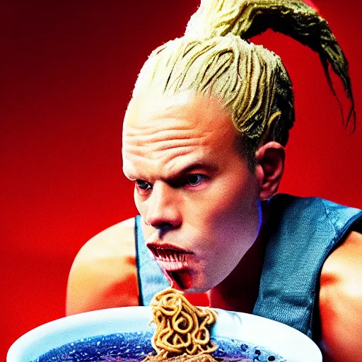 Image similar to a portrait of Korbin Dallas from the movie The Fifth Element eating a bowl of ramen, 8k resolution, extremely detailed, octane render, HQ, colored HQ