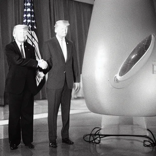 Image similar to The President of the United States shaking hands with a sinister space alien, official portrait