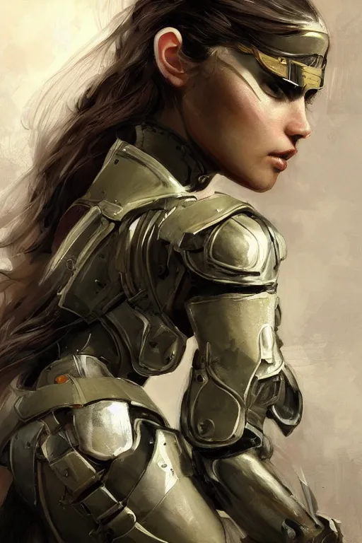 Image similar to a professionally painted portrait of an attractive young woman clothed in military-style battle armor, olive skin, long dark hair, beautiful bone structure, symmetrical facial features, intricate, elegant, hero shot, digital painting, concept art, smooth, sharp focus, illustration, finely detailed, from Metal Gear by Ruan Jia and Mandy Jurgens and Artgerm and William-Adolphe Bouguerea, award winning, trending on Artstation