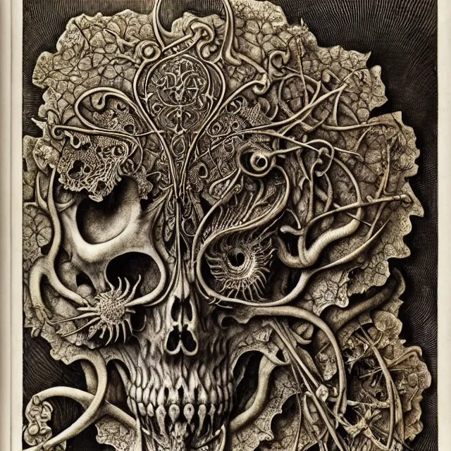 Image similar to memento mori by arthur rackham, art forms of nature by ernst haeckel, exquisitely detailed, art nouveau, gothic, ornately carved beautiful skull dominant, intricately carved antique bone, art nouveau botanicals, ornamental bone carvings, art forms of nature by ernst haeckel, horizontal symmetry, arthur rackham, ernst haeckel, symbolist, visionary