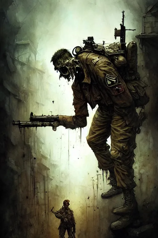 Image similar to soldier zombie | esoteric symbolism | jean - baptiste monge, esao andrews, bastien lecouffe - deharme, tim jacobus, ken currie | ultra - detailed realism, soft cinematic lighting, hi - fructose, artstation, high - quality, ink watercolors wes anderson poster art