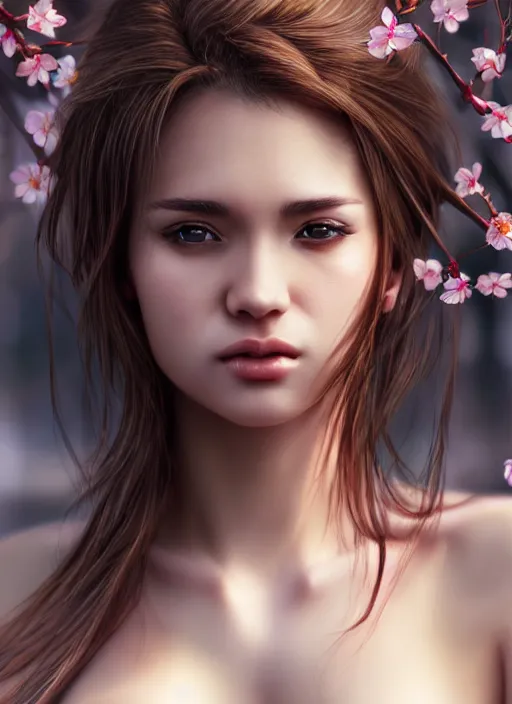 Image similar to photo of a gorgeous female with messy hair in the style of stefan kostic, realistic, body shot, sharp focus, 8 k high definition, insanely detailed, intricate, elegant, art by stanley lau and artgerm, cherry blossoms