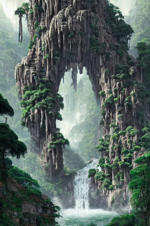 Image similar to carved into a Mountain a temple above a waterfall, giant intricate statues, arches adorned pillars, archways, gnarly trees, lush vegetation, forrest, a small stream runs beneath the waterfall, landscape, raphael lacoste, eddie mendoza, alex ross, concept art, matte painting, highly detailed, rule of thirds, dynamic lighting, cinematic, detailed, denoised, centerd