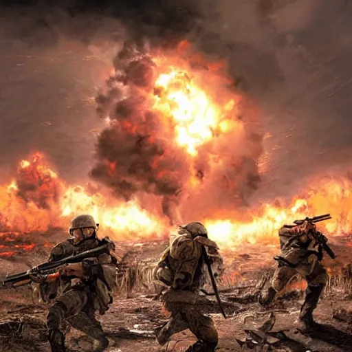 Image similar to hyper realism, realistic apocalyptic war scene, explosions