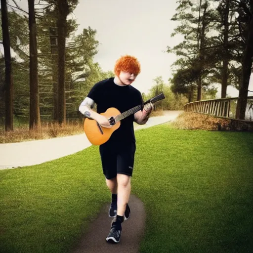 Image similar to ed sheeran holding a guitar and jogging, ultrarealistic