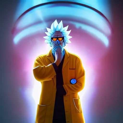 Image similar to portrait of rick sanchez, lab coat and tee shirt, lens flare, atmosphere, glow, detailed, intricate, full of colour, cinematic lighting, trending on artstation, 4 k, hyperrealistic, focused, extreme details, unreal engine 5, cinematic, masterpiece