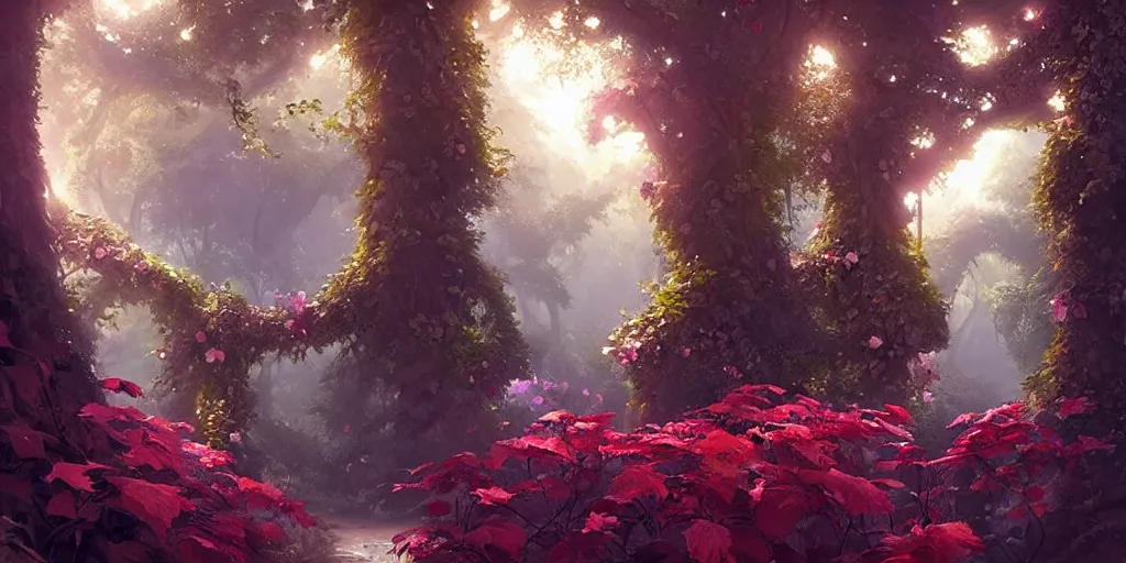Prompt: hidden forest paradise, lush vines and flowers, fruits, (((((((((((people)))))))))))), digital painting, art by greg rutkowski, artgerm