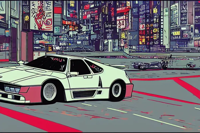 Image similar to vintage archival race footage of a single 1995 Vector W8 Twin Turbo, with elements of the BMW M1, city in anime cyberpunk style by Hayao Miyazaki