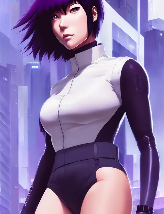 Image similar to a fullbody portrait of motoko kusanagi the major ghost in the shell : : stand alone complex, under repairs, maintenance : : by ilya kuvshinov, rossdraws, artgerm, sola digital arts, anti aliasing, raytracing : :