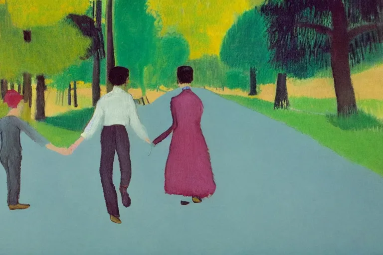 Image similar to a tall man with dark hair holding the hands of a small boy with dark hair as they walk down a suburban highway on a bright beautiful colorful day. part in the style of an edgar degas painting. part in the style of david hockney