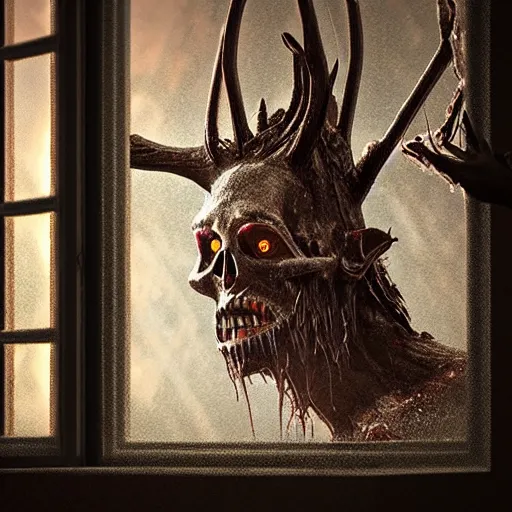 Image similar to a horrifying wendigo peering in from the outside of the window, photorealistic, 8 k, detailed, horror, photography, spooky