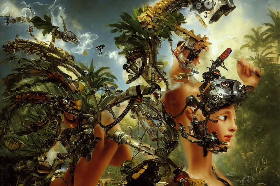 Prompt: an extreme close - up of a cyborg nymph wearing helmets of emperor charles v the wise playing with a giant insect surrounded by saxophones, palm trees, jungle fruit, and stylized designer modular chrome eye candy, volumetric light caustics clouds of smoke, by hajime soryama, boris vallejo, bouguereau, kim keever