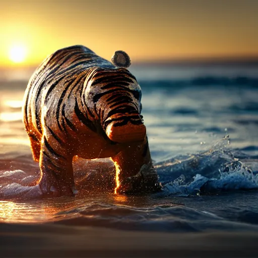 Image similar to a closeup photorealistic photograph of a cute smiling knitted tiger hippopotamus chasing a beachball during sunset. open mouth, surf in the background. professional capture. this 4 k hd image is trending on artstation, featured on behance, well - rendered, extra crisp, features intricate detail, epic composition and the style of unreal engine.