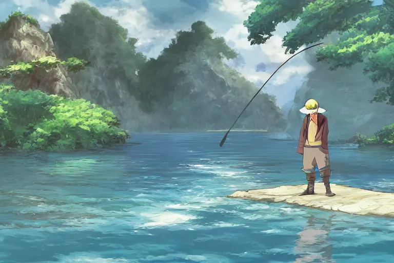 Image similar to cell shaded anime key visual of a fantasy isekai fisherman on a lake in the style of studio ghibli, moebius, makoto shinkai, dramatic lighting