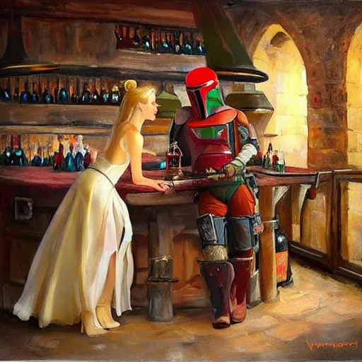 Prompt: Boba Fett and a beautiful young blonde drinking beer in a wine cellar, food, meat, schnapps, torches on the wall, romantic, love, inviting, cozy, painting!! by Vladimir Volegov!!!