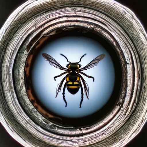 Image similar to wasp at a ring door camera, close - up of wasp, fisheye lens