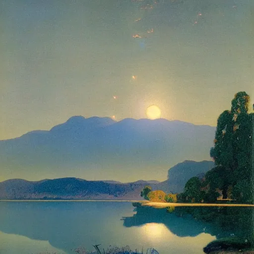 Prompt: night sky reflected in the water, landscape painting by maxfield - parrish