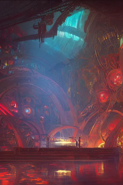 Prompt: Concept Digital Art Highly detailed Alien Art Deco Cybertron lazy river inside of the Palace of the Primes with glowing red water at night by greg rutkowski, Ilya repin, alphonse mucha, and Edmund Blair Leighton. Very highly detailed 8K, octane, Digital painting, the golden ratio, rational painting, sharp