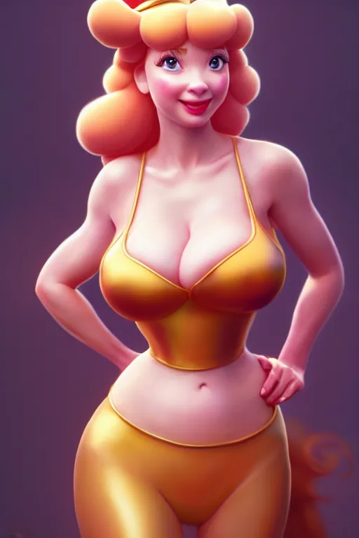 Image similar to polished sweaty princess peach : : christina hendricks body : : weta disney pixar movie still photo : : hi - fructose, sci fi, fantasy, decadent highly - detailed digital painting, golden ratio, octane render, artstation, smooth, sharp focus, artgerm, mucha, loish, wlop : :