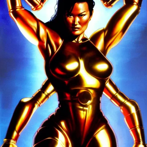 Image similar to tia carrere in cyber metal suit, atmospheric lighting, painted, intricate, golden hour, ultra detailed by alex ross