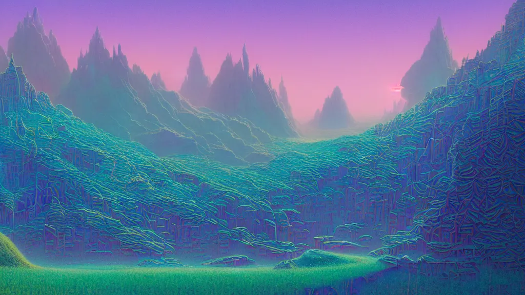 Prompt: highly detailed holographic iridescent sci fi world with forests deserts and oceans, at dusk, by gilbert williams, by simon stalenhag, by beeple, by bruce pennington, by moebius, featured in juxtapoz, mixed media, dynamic composition, octane render, with many different pastel shades of blue pink orange yellow green, beautiful lighting, desaturated