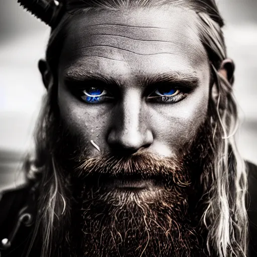 Prompt: photograph of a Viking with piercing blue eyes, glassy eyes, galaxy in eyes, dramatic lighting, dramatic lighting, beautiful, epic, glorious, extreme detail, 4k, award-winning