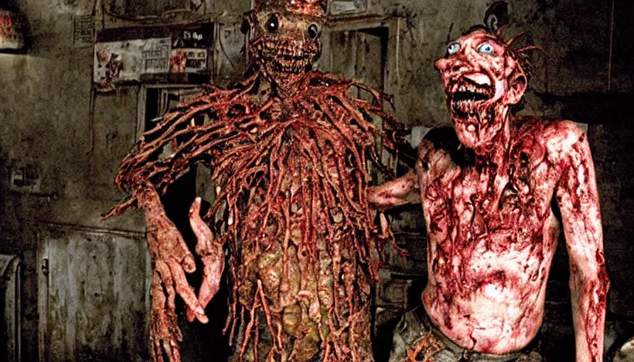 Image similar to a disgusting vile zombie monster eating a man, silent hill, house of 1000 corpses inspired by The Thing, by Cronenberg and greg nicotero