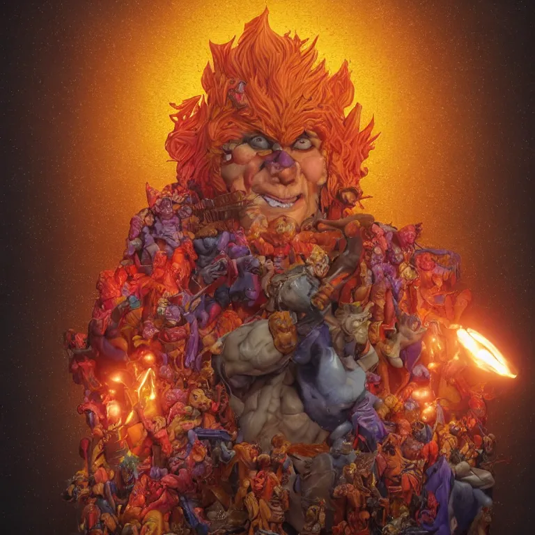 Image similar to octane render portrait by wayne barlow and carlo crivelli and glenn fabry, a photorealistic version of the thundercats covered in dripping colorful wax inside a candlelit thundercats metallic futuristic base, ray traced lighting, very short depth of field, bokeh