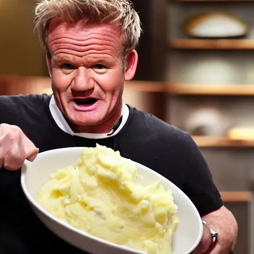 Prompt: < photo hd trending > gordon ramsey yells at an incredibly oversized plate of mashed potatos < photo >