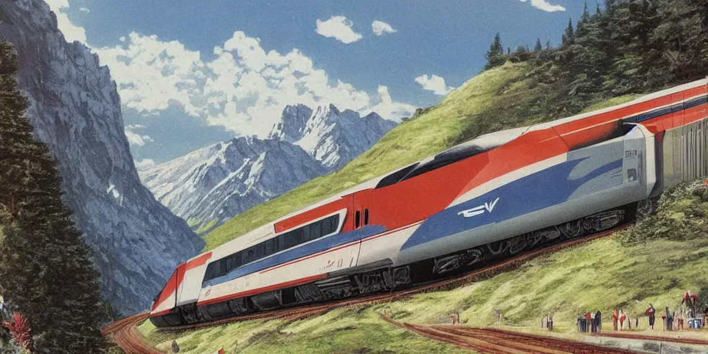 Prompt: concept art of a tgv speeding through an alpine valley, 1 9 8 0 s illustration, matte pale coloring, beautiful weather