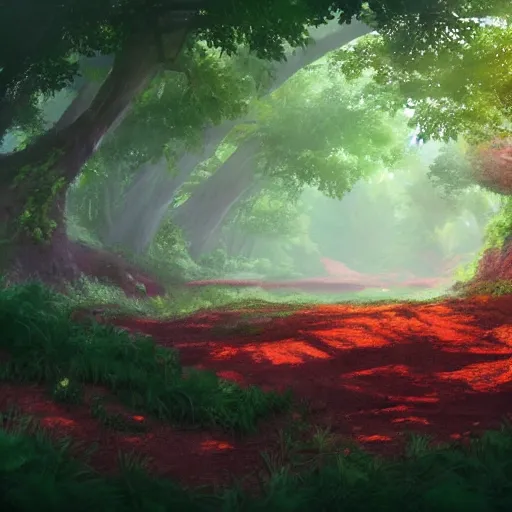 Prompt: lush forest with red clay soil, trending on artstation, top 1 0 most beautiful photographs, award winning fantasy concept art, background of a studio ghibli film