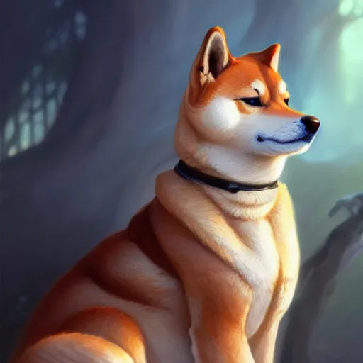 Image similar to Portrait of Shiba Inu, D&D, blue eyes, fantasy, intricate, elegant, highly detailed, digital painting, artstation, concept art, smooth, sharp focus, illustration, art by artgerm and greg rutkowski and alphonse mucha