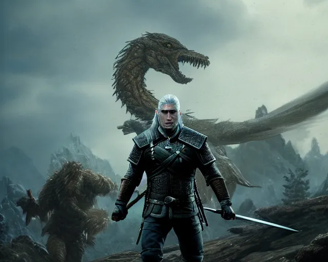 Image similar to 5 5 mm portrait photo of geralt fighting a 5 headed hydra with aard. magical atmosphere. art by greg rutkowski. highly detailed 8 k. intricate. lifelike. soft light. nikon d 8 5 0.