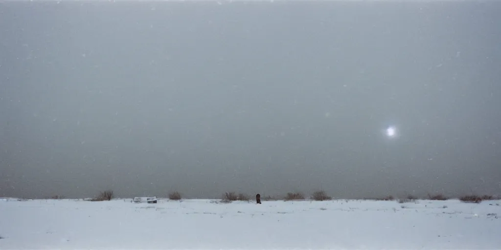 Image similar to photo of shiprock, new mexico during a snowstorm. a old man in a trench coat and a cane appears as a hazy silhouette in the distance, looking back over his shoulder. cold color temperature. blue hour morning light, snow storm. hazy atmosphere. humidity haze. kodak ektachrome, greenish expired film, award winning, low contrast.