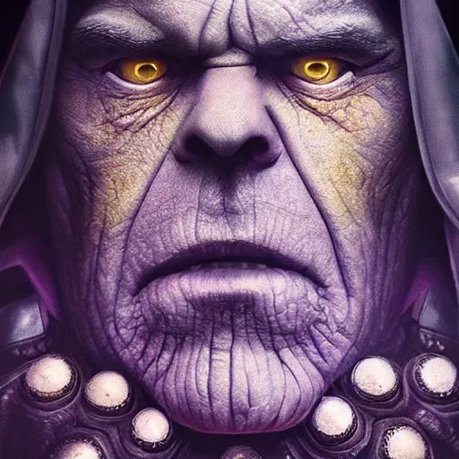 Prompt: michal karcz surrealism painting of Thanos as an all seeing God. His eyes are watching everything. , horror theme, detailed, elegant, intricate, 4k,