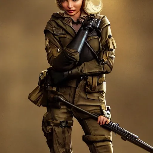 Image similar to blonde miranda kerr : : as polished sniper cosplay : : weta disney pixar movie still photo : : hi - fructose, sci fi decadent highly - detailed digital painting, golden ratio, octane render, artstation, smooth, sharp focus, artgerm, mucha, loish, wlop : :