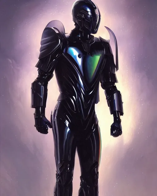 Prompt: iridescent wiry muscular male smooth sleek glossy black pearlescent scifi armor with smooth black featureless helmet, by greg rutkowski and mark brookes and jim burns and tom bagshaw and magali villeneuve, trending on artstation